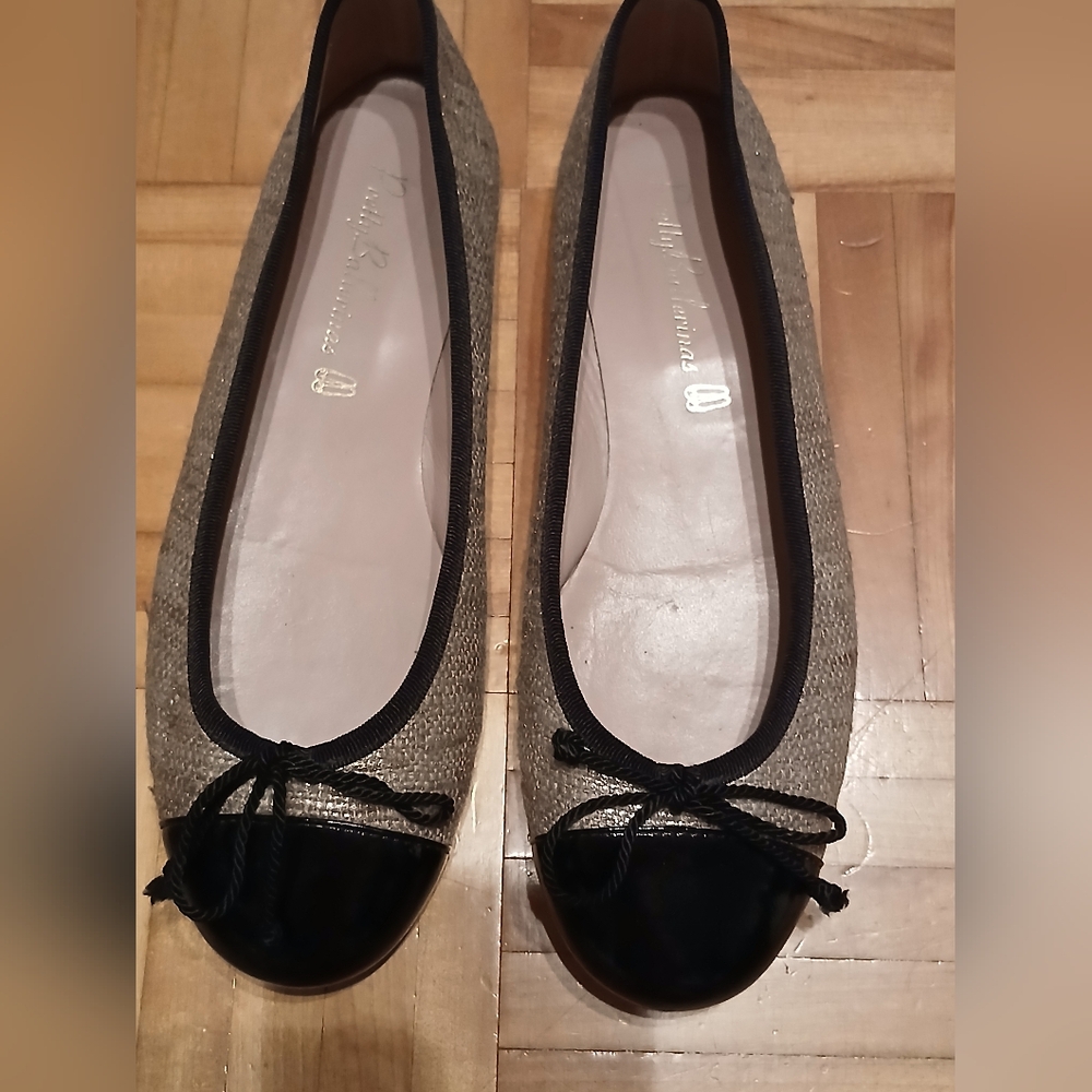 Pretty Ballerinas Black and Tan Canvas Flats.Size 38